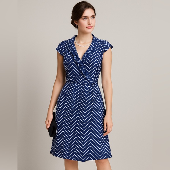 Elizabeth McKay Scotland Silk Cotton Dress in navy Waves Wrap Stand Collar 12 - Picture 1 of 14